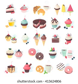 Collection of cute little miniatures of various desserts: cupcake, muffin, pie, cake and  ice cream