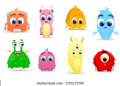 Colección de pequeños monstruos. Juego de caracteres alienígenas adorables. Conjunto vectorial de monstruos de dibujos animados aislados. Ilustración del vector