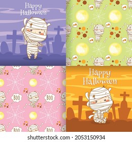 collection of cute little mummy cartoon character illustration with seamless pattern set