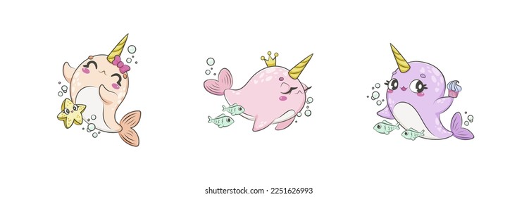 Colección de lindas ilustraciones de Narwhal. Graciosos personajes de dibujos animados náuticos para ropa de bebé, tarjetas, huellas de camisas, afiches.	