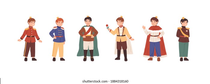 Colección de adorables príncipes pequeños vestidos con festividad vectorial ilustración plana. Niños machos divertidos usando disfraces de reyes y coronas aisladas. Actores de Happy boys reproducen a personajes reales