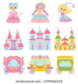 Collection of Cute Little Princesses, Magic Castles, Fairy Tale Carriages, Fantasy Kingdoms Cartoon Vector Illustration