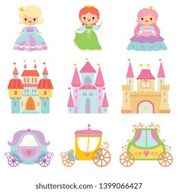 Collection of Cute Little Princesses, Magic Castles, Fairy Tale Carriages Cartoon Vector Illustration