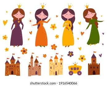 Collection of cute little princesses, magic castles Fairy carriage, flowers and hearts. Cartoon childrens illustration.