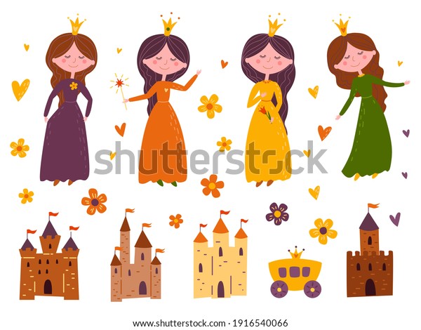 Collection of\
cute little princesses, magic castles Fairy carriage, flowers and\
hearts. Cartoon childrens\
illustration.