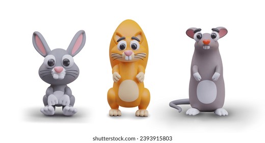 Sammlung mit süßem Kaninchen, Eichhörnchen und Ratten. Kleine Nagetiere bereit zum Spielen. Models für Online-Computerspiel. Vektorgrafik im 3D-Stil auf weißem Hintergrund