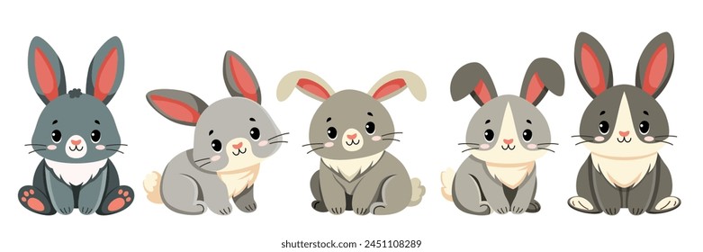 Colección de conejitos lindos. Conjunto de animales para Fondo de pantalla, ropa infantil y juguetes. Ilustración vectorial plana aislada sobre fondo blanco. Feliz Celebración de Pascua.