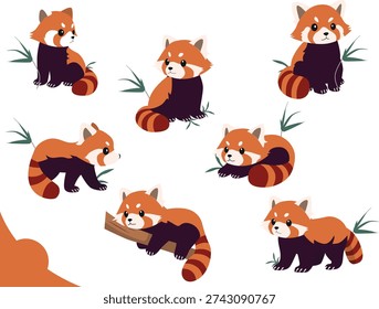 Collection of Cute little Red Pandas in Different Poses, cartoon style, isolated