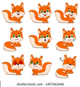 Collection of cute little squirrel in cartoon style in different poses and emotions isolated on white background