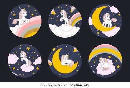 Collection of cute little unicorns with the starry sky, rainbow and clouds. Round frame. Vector illustration 