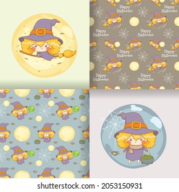 collection of cute little witch cartoon character illustration with seamless pattern set.