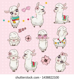 Collection Cute Llama Alpaca Vicuna Set Kawaii. Sticker Pak Cute Animals. Lama with Big Eyes Examines, Bowed her Head, Sleeps, Wore Rose-colored Glasses. Gentle Llama with White Wool.