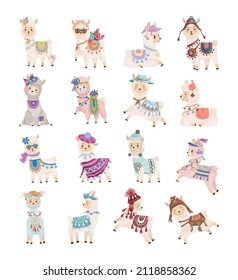 Collection of cute llama characters in boho style. Children's illustrations.