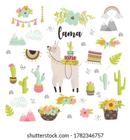 Collection of cute llama, decorative elements, cactus, flower bouquets. Vector illustration for cards, invitations, print, apparel, nursery decoration.