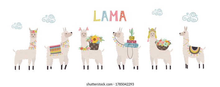 Collection of cute llama, decorative elements, cactus, flowers. Vector illustration for cards, invitations, print, apparel, nursery decoration.