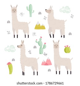 Collection of cute llama, decorative elements, cactus, mountains. Vector illustration for cards, invitations, print, apparel, nursery decoration.