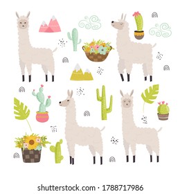 Collection of cute llama, decorative elements, cactus, mountains, flowers. Vector illustration for cards, invitations, print, apparel, nursery decoration.