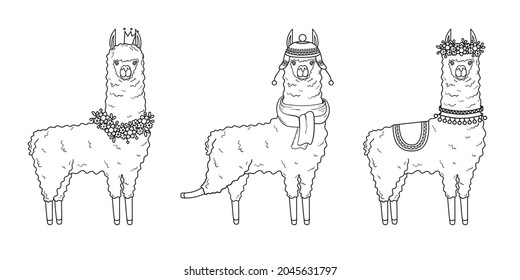 A collection of cute llamas with accessories - hat, crown and flowers. Vector illustration in cartoon style isolated on white background