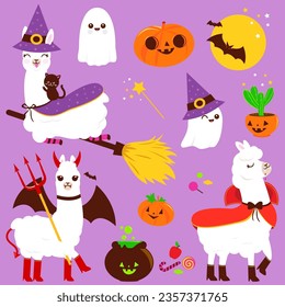 Collection of cute llamas in Halloween costumes, treats, candy and other Halloween objects. Vector illustration