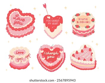 Collection of Cute Love Season Valentines sweet dedication heart cake greeting for stickers or cards vector illustration