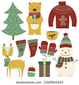 Collection of cute and lovely decoration elements for Christmas celebration. Vector illustration on white background