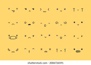 Collection of cute lovely emoticon emoji Doodle cartoon face, smile, happy, sad, shock,  joy, cry in childlike manga cartoon style. Vector illustration.