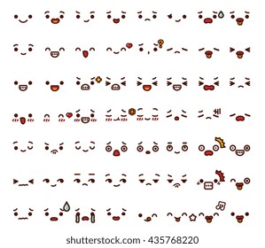 Collection of cute lovely emoticon emoji Doodle cartoon face, happy, sad, wink, fun, laugh, scream, giggle, smile, angry  in childlike manga cartoon style isolated on white - Vector file EPS10.