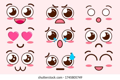 Collection of cute lovely kawaii emoticon emoji Doodle cartoon face smile happy wink excited sleepy chill kiss crazy sweet in childlike manga cartoon style - Vector file EPS10