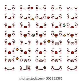 Collection of cute lovely kawaii emoticon emoji Doodle cartoon face, smile, happy, wink, excited, shock, angry, sad, crazy, scream, mad, bored in childlike manga cartoon style - Vector file EPS10