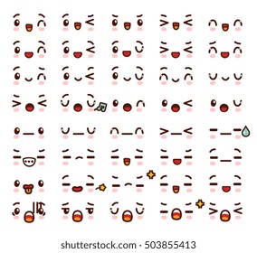 Collection Of Cute Lovely Kawaii Emoticon Emoji Doodle Cartoon Face, Smile, Happy, Wink, Excited, Shock, Angry, Sad, Crazy, Scream, Mad, Bored In Childlike Manga Cartoon Style - Vector File EPS10