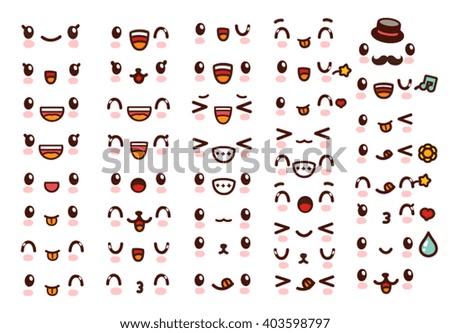  Collection of cute lovely kawaii emoticon emoji Doodle cartoon face , smile , happy , wink , excited , sleepy , chill , kiss , crazy , sweet  in childlike manga cartoon style - Vector file EPS10 