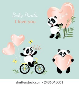 Collection of cute loving pandas with hearts.