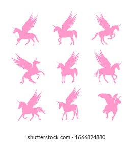 Colección de la silueta vectorial de Unicornio mágica rosa aislada en fondo blanco. Silueta pegasus, majestuoso caballo alado griego.  Matiología volando Caballo desde el sueño. Símbolo de libertad.