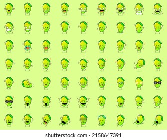 Collection Of Cute Mango Cartoon Character Expressions. Angry Expression, Thinking, Crying, Sad, Confused, Flat, Happy, Scared, Shocked, Dizzy, Hopeless, Sleeping. Suitable For Emoticon And Mascot