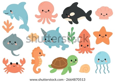 A collection of cute marine animals including a dolphin, octopus, narwhal, crab, seahorse, turtle, jellyfish, and starfish, all in vibrant colors.