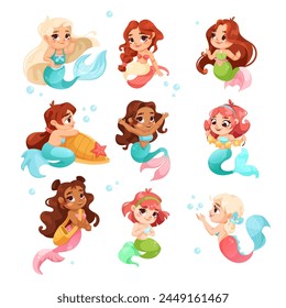 A collection of cute mermaid characters in various poses and expressions, illustrated in a cartoon style on a white background, concept of fantasy sea life. Vector illustration