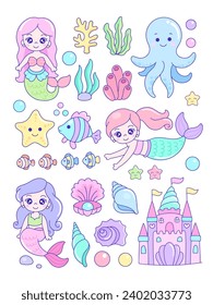 Collection of cute mermaid and underwater animal stickers icon