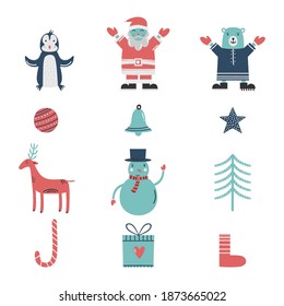 Collection of cute Merry Christmas and Happy New Year. Christmas character and decoration. Set of hand drawn holiday posters templates, postcard design. Vector illustration on white background