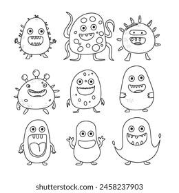 Collection of cute microbes in doodle style. Hand drawn vector art.