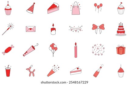 Eine Kollektion niedlicher, minimalistischer Geburtstagspartysymbole in Rot und Rosa. Umfasst Cupcakes, Kuchen, Ballons, Geschenke und Partyartikel.