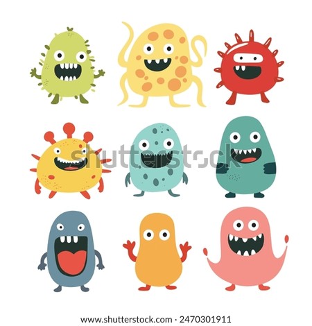 Collection of cute monsters in flat style. Set color microbes characters. Hand drawn vector art.