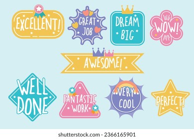 Collection of cute motivational great job stickers. Great job, good job.