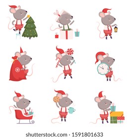 Collection of Cute Mouse in Christmas Santa Claus Costume with Gift Boxes, Cute Small Rodent Animal Character in Different Situations, Symbol of 2020 Year Vector Illustration