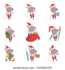 Collection of Cute Mouse in Christmas Santa Claus Costume, Cute Small Rodent Animal Character in Different Situations, Symbol of 2020 Year Vector Illustration