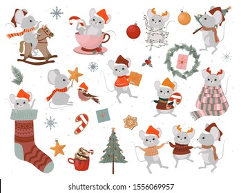 Collection of cute Mouse and Holidays elements, New Year and Merry Christmas concept. Editable vector illustration.