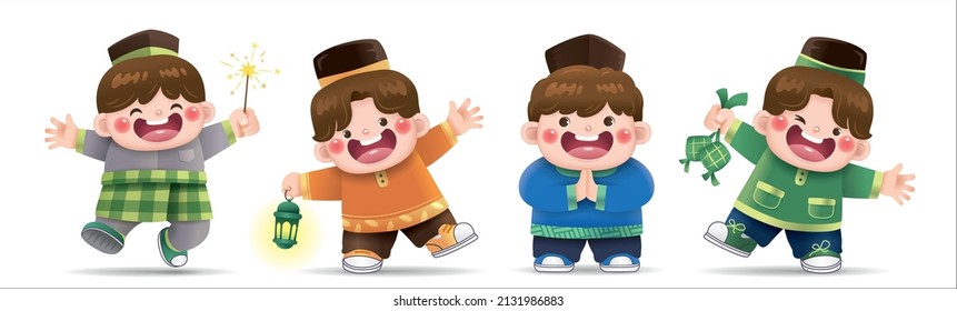 Collection of cute Muslim boys character design for Hari Raya Aidilfitri 