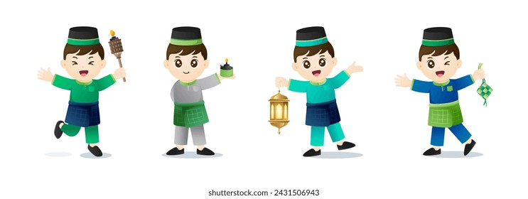 Collection of cute Muslim boys character design with lanterns and ketupat in different poses. Hari Raya Aidilfitri cartoon character set. Vector illustration.