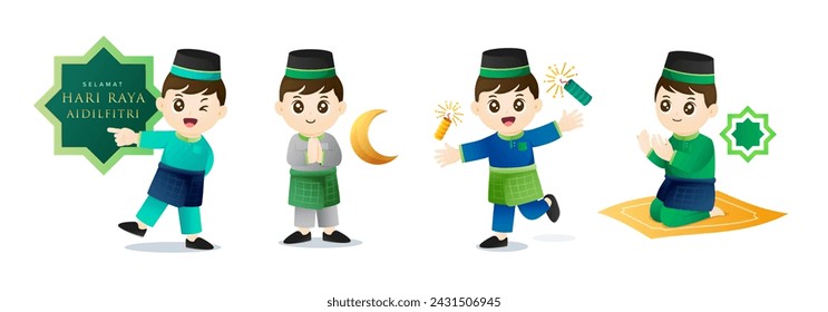 Collection of cute Muslim boys character design with fireworks, moon and islamic elements in different poses. Hari Raya Aidilfitri cartoon character set. Vector illustration.