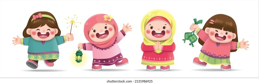 Collection of cute Muslim girls character design for Hari Raya Aidilfitri 