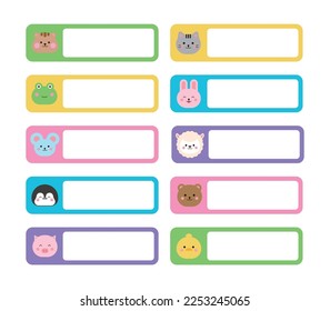 A collection of cute name label designs with animal character concepts. Squirrel, cat, frog, rabbit, mouse, penguin, bear, pig, duck illustrations. Can be used in schools, kindergartens.